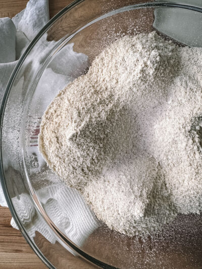 Einkorn Flour and Sea Salt flour and salt of making whole wheat einkorn sourdough flatbread with black seeds