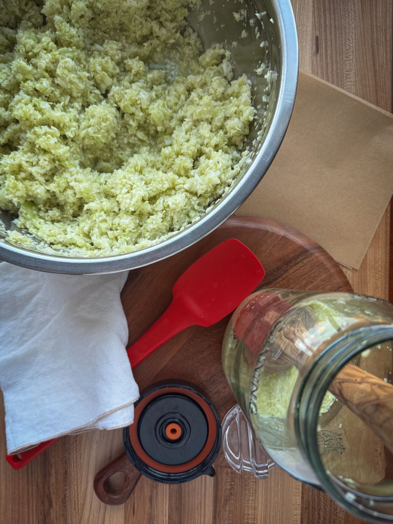 Chopped whole green cabbage for homemade sauerkraut quick