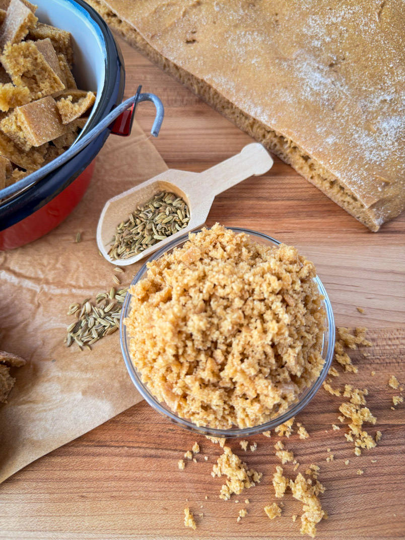 sheet pan einkorn bread turned into breadcrumbs