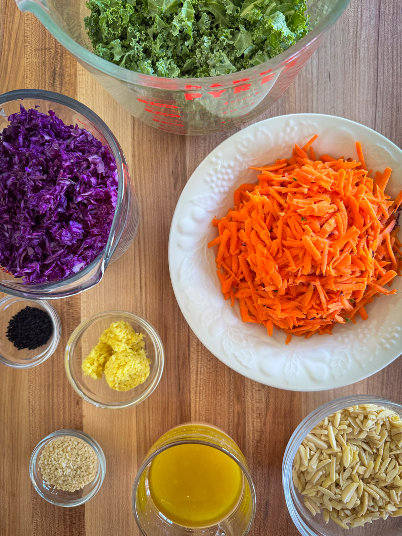 carrots, purple cabbage, ginger, nigella sativa, almonds, olive oil