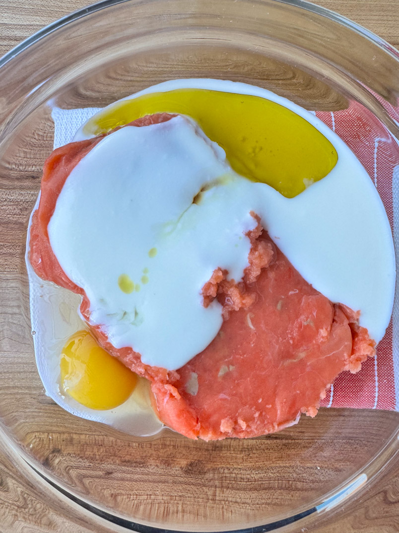one pound of ground salmon with kefir, olive, oil, and egg