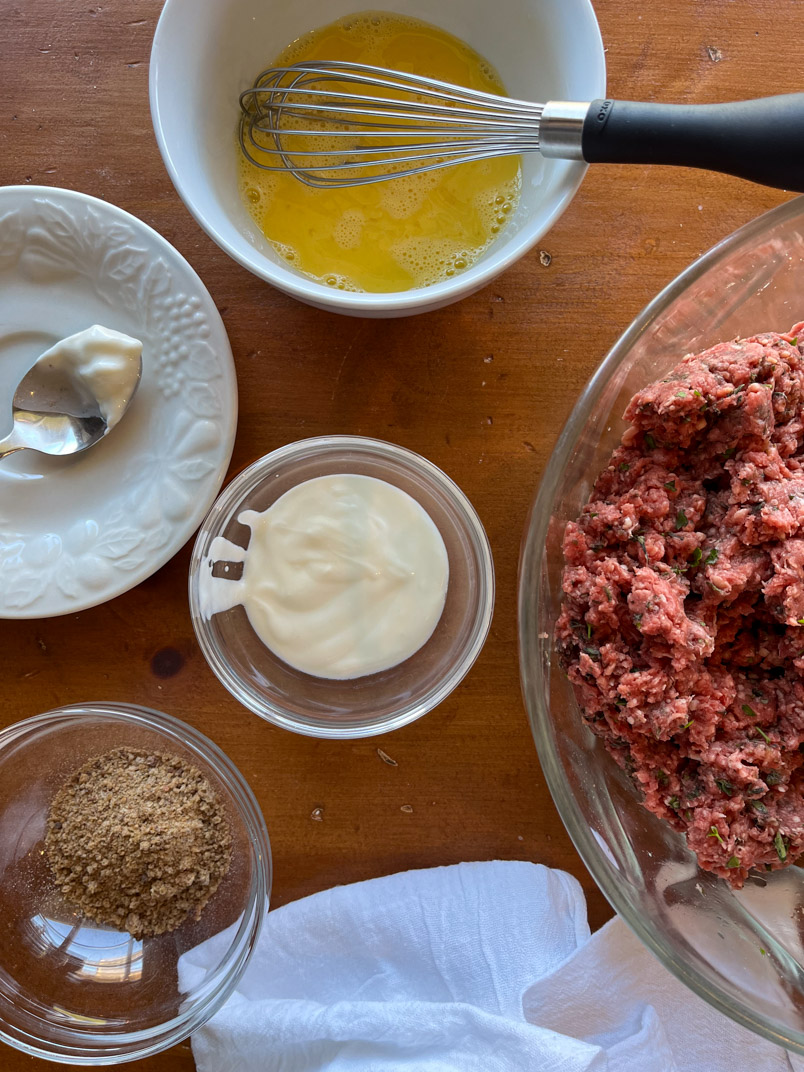 yogurt, eggs, breadcrumbs, beef, and bison yogurt, eggs, breadcrumbs, beef, and bison