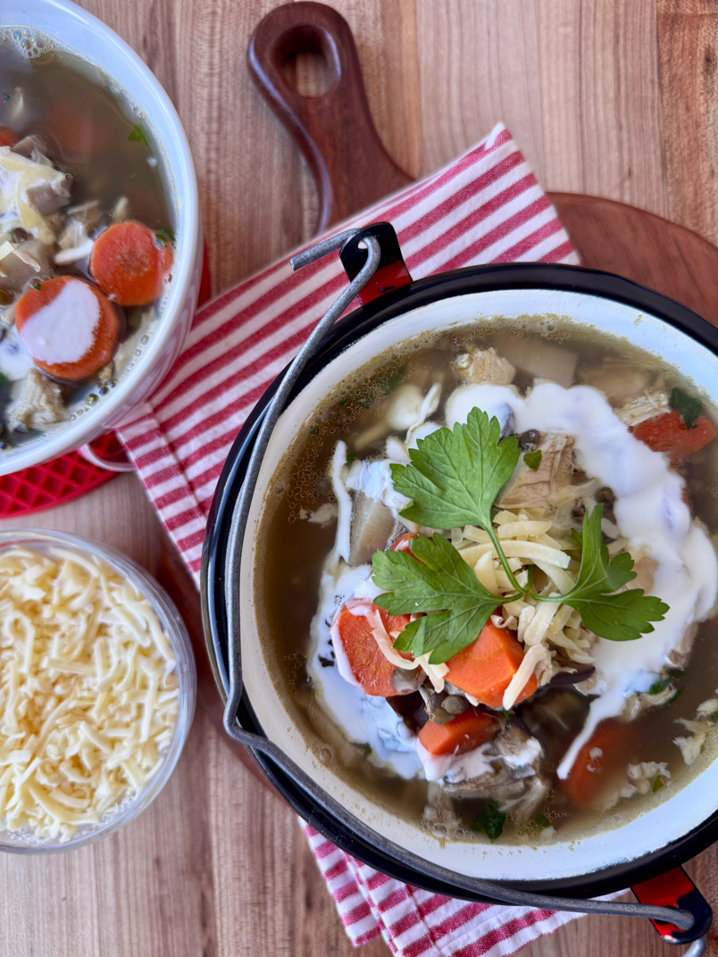 High protein lentil soup with chicken. Topped with yogurt and mozzarella.