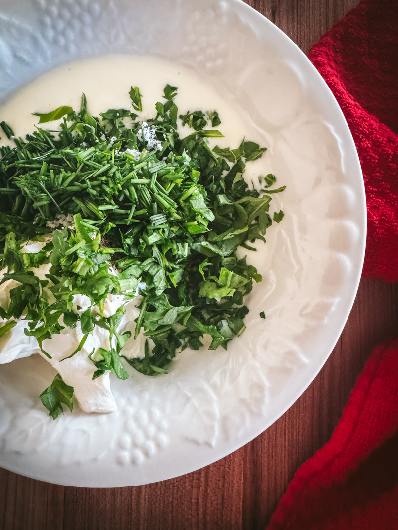 chopped chives, chopped arugula, probiotic yogurt, and probiotic sour cream for healthy chive dip