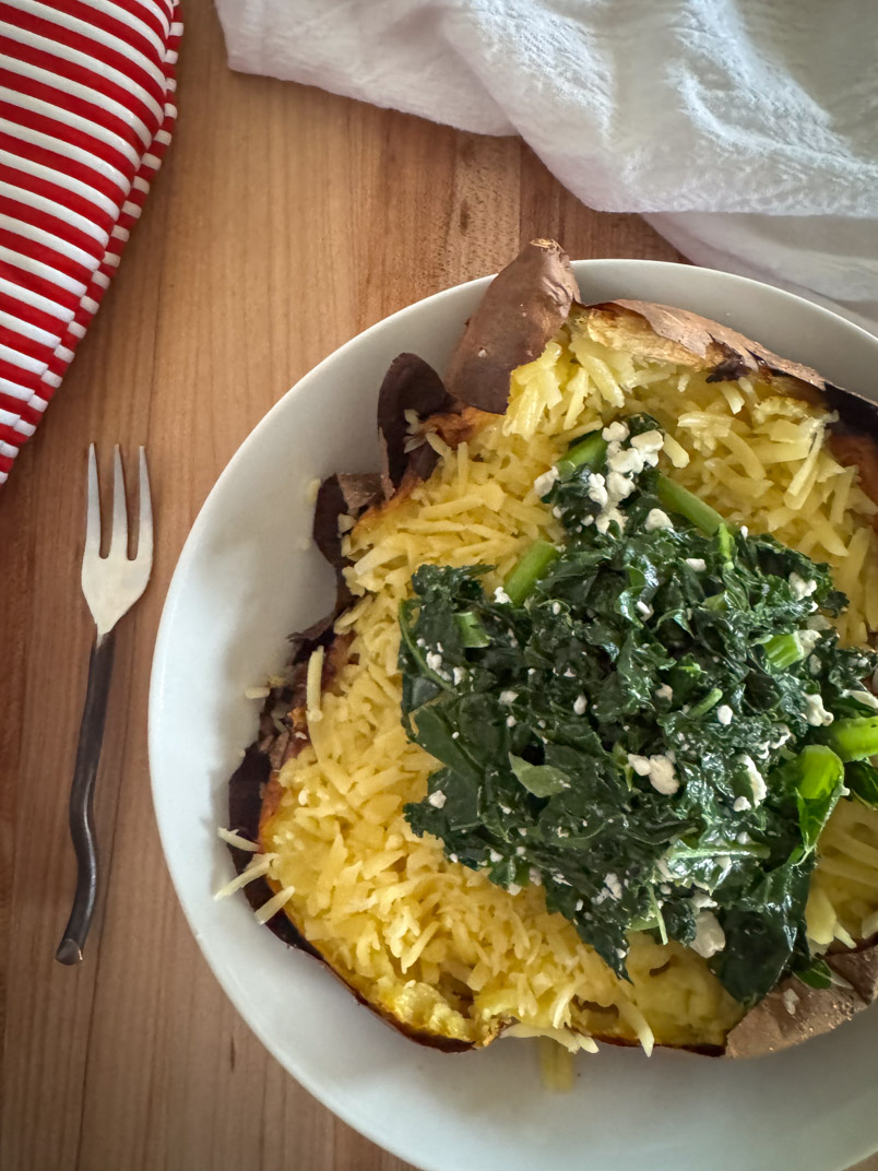 healthy sweet potato meal with kale and cottage cheese