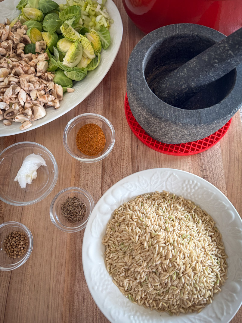 mushrooms, brussel sprouts, rice, herbs, and spices for a healthy chicken dinner mushrooms, brussel sprouts, rice, herbs, and spices for a healthy chicken dinner